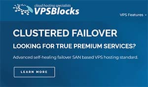 Promotional graphic from VPSBlocks advertising clustered failover with SAN-based VPS hosting and self-healing infrastructure.