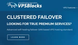 Promotional graphic from VPSBlocks advertising clustered failover with SAN-based VPS hosting and self-healing infrastructure.