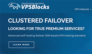 Promotional graphic from VPSBlocks advertising clustered failover with SAN-based VPS hosting and self-healing infrastructure.