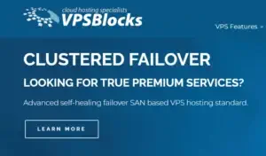 Promotional graphic from VPSBlocks advertising clustered failover with SAN-based VPS hosting and self-healing infrastructure.